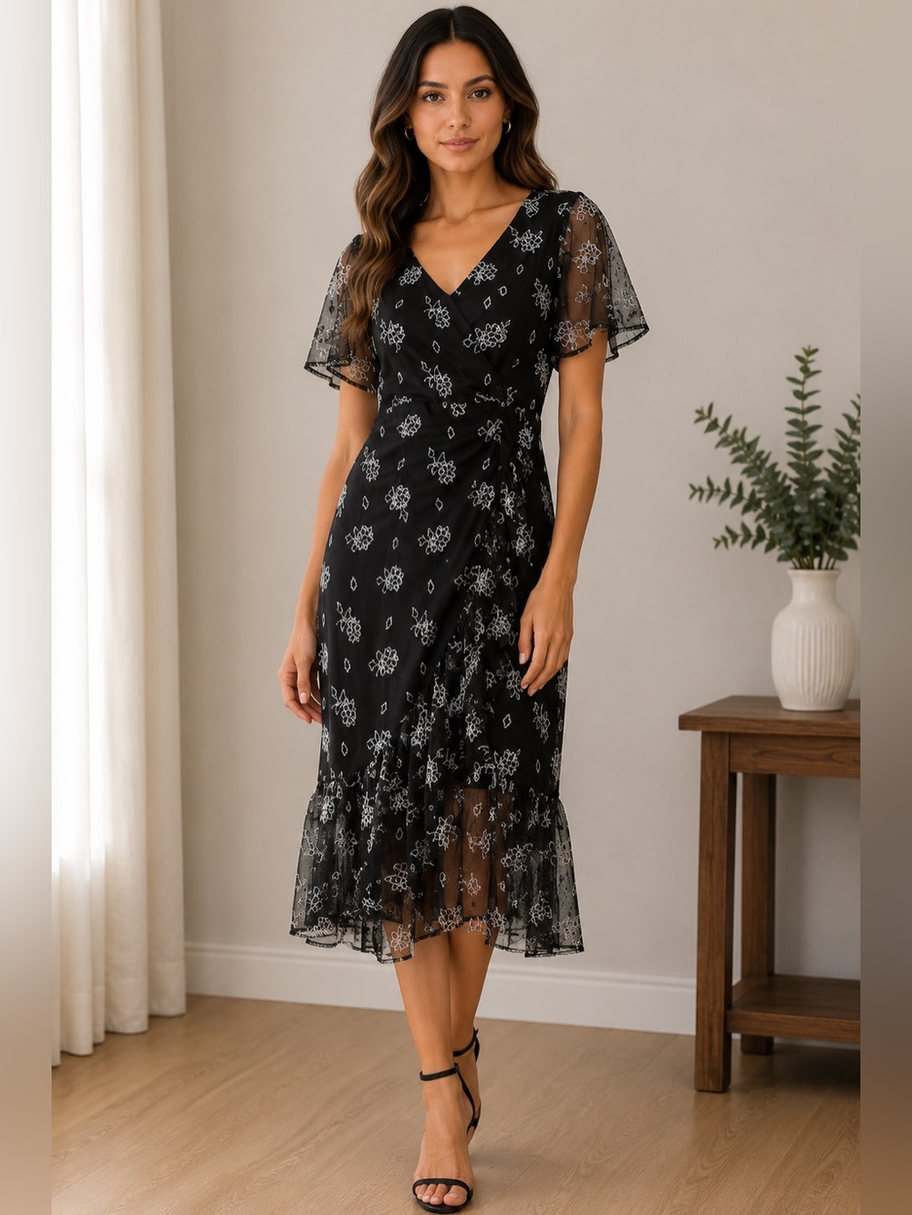 Black Mesh Midi Dress with White Floral Embroidery